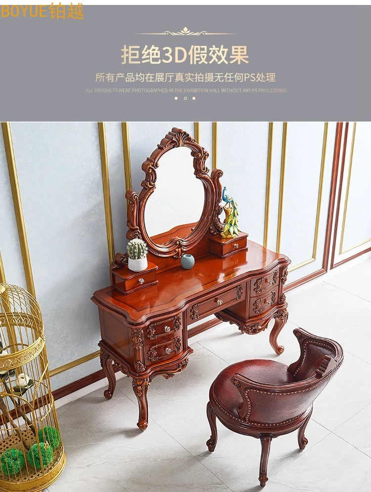 European dresser solid wood carving flower princess bedroom dressing table assembly dark retro American dressing table small apa