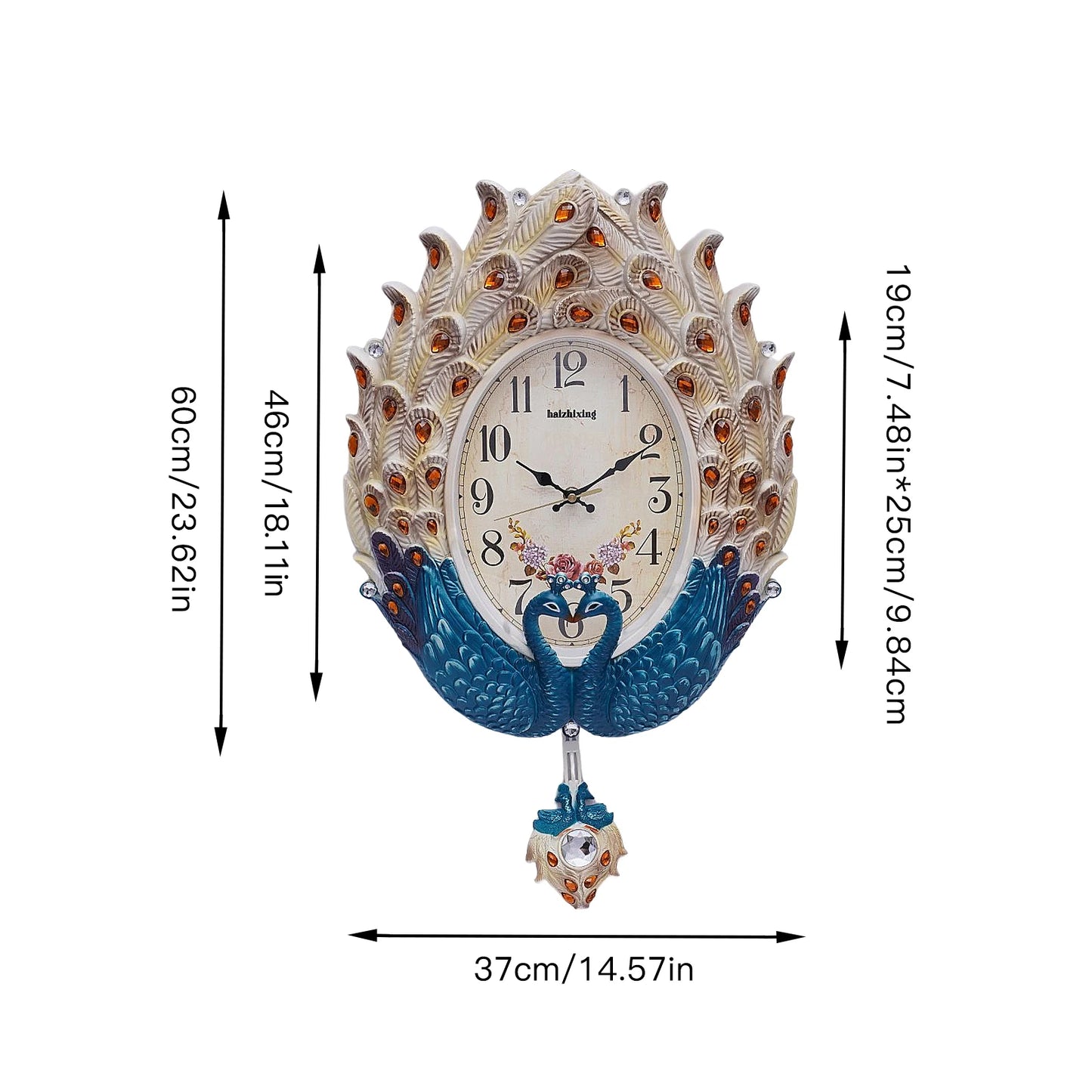Blue Peacock Wall Clock,Silent Wall-mounted Metal Pendulum Clock 37*60cm with Luxury Crystal for Living Room,Hallways