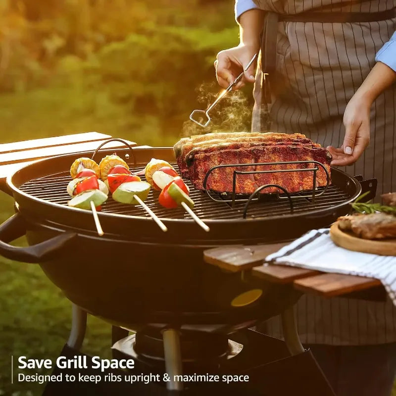 1PC BBQ Rib Racks Non-Stick Coated Steel Roasting Barbecue Meat Roasting Grilling Stand Holds 4 Rib Rack For Gas Grill