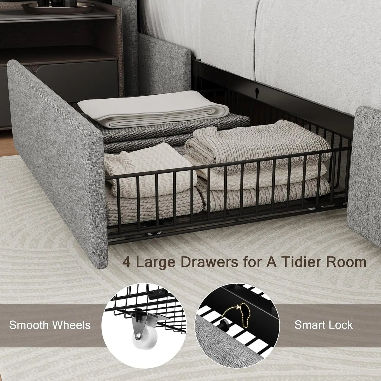 Bed Frame with 4 Storage Drawers and Charging Station Upholstered Platform Bed Frame with Storage Headboard No Box Spring Needed
