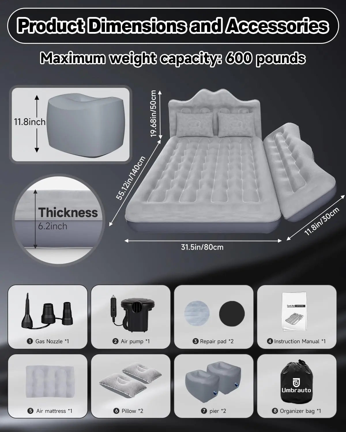 Umbrauto Car Air Mattress Bed: Inflatable SUV Camping Sleeping Pad for Truck Back Seat with Pump & Pillows, Blow Up Backseat Car Mattress for Van Rear Seat