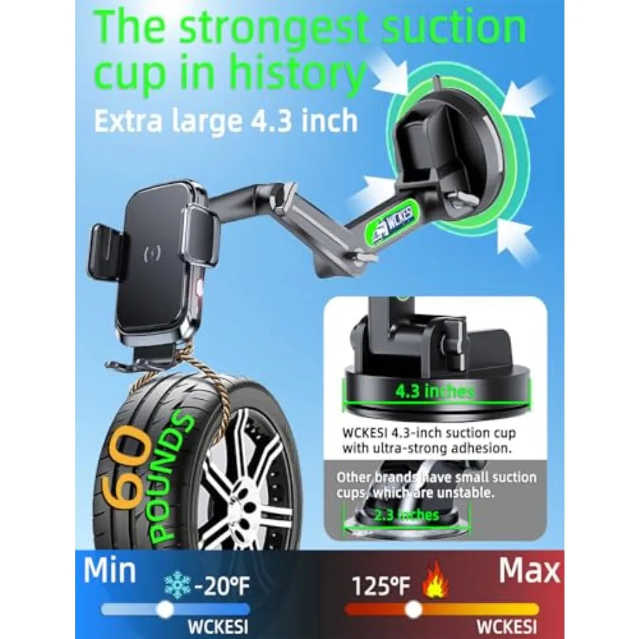Truck Phone Holder Wireless Car Charger Mount, 15W Fast Charging Vacuum Phone Holder 14 Inch Long Arm Heavy Duty Pickup Windshi