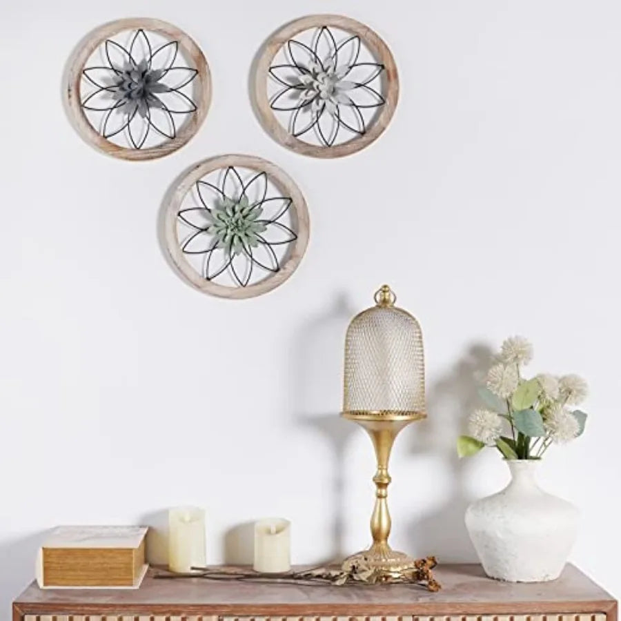 3 Pcs Round Farmhouse Wall Decor with 6 Pcs Interchangeable Flowers 12'' Medallion Wood and Metal Rustic Wall Art for Living Ro