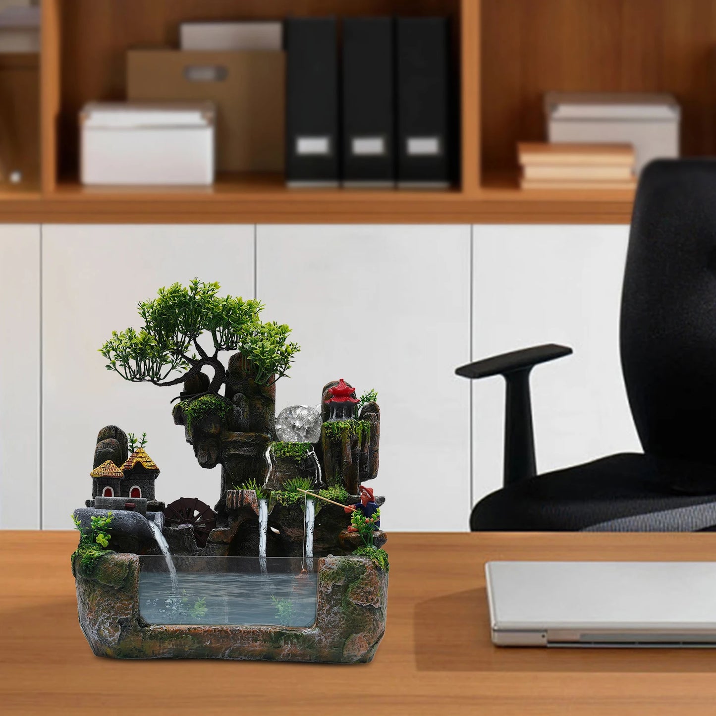 Lucky Feng Shui Money Tree Water Fountain,Circulating Fish Tank Waterfall with Resin Rockery,for Wealth Success & Home Decor Gif