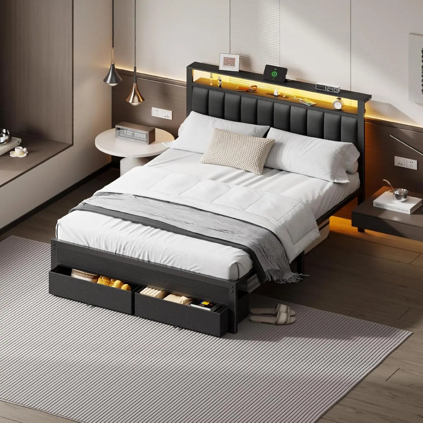 Queen Bed Frame with Charging Station and LED Lights, Grey Upholstered Headboard with Shelves, Metal Platform Bed with 2 Under-Bed Storage (Fabric Drawer on Wheels), No Box Spring Needed