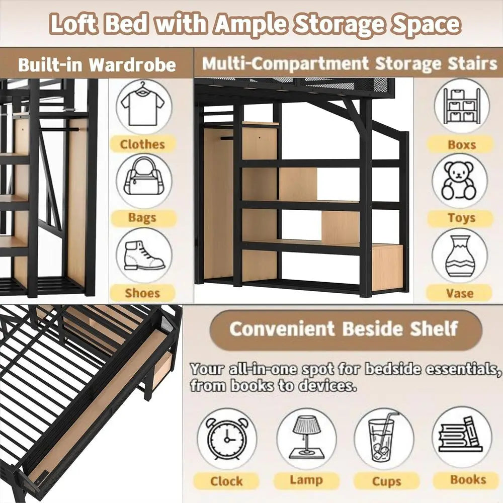 Storage Staircase Bed with Shelves, Built-in Wardrobe, USB Ports, LED Lights, and Noise-Reduced Design in Natural Wood