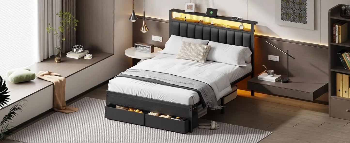 Queen Bed Frame with Charging Station and LED Lights, Grey Upholstered Headboard with Shelves, Metal Platform Bed with 2 Under-Bed Storage (Fabric Drawer on Wheels), No Box Spring Needed