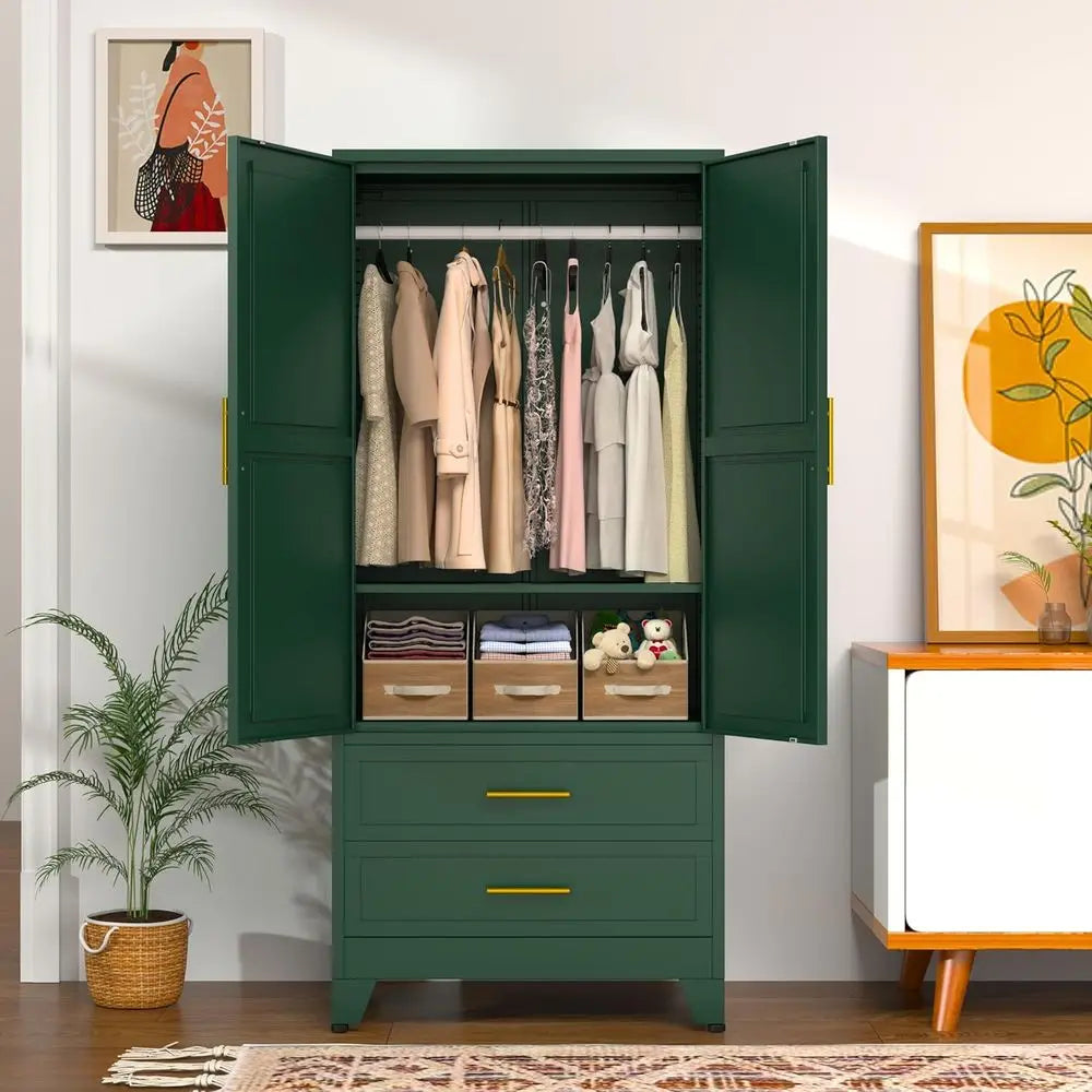Green Metal Wardrobe Cabinet with Hanging Rod, 2 Doors, Adjustable Shelf, Drawers for Bedroom, Closet, and Storage