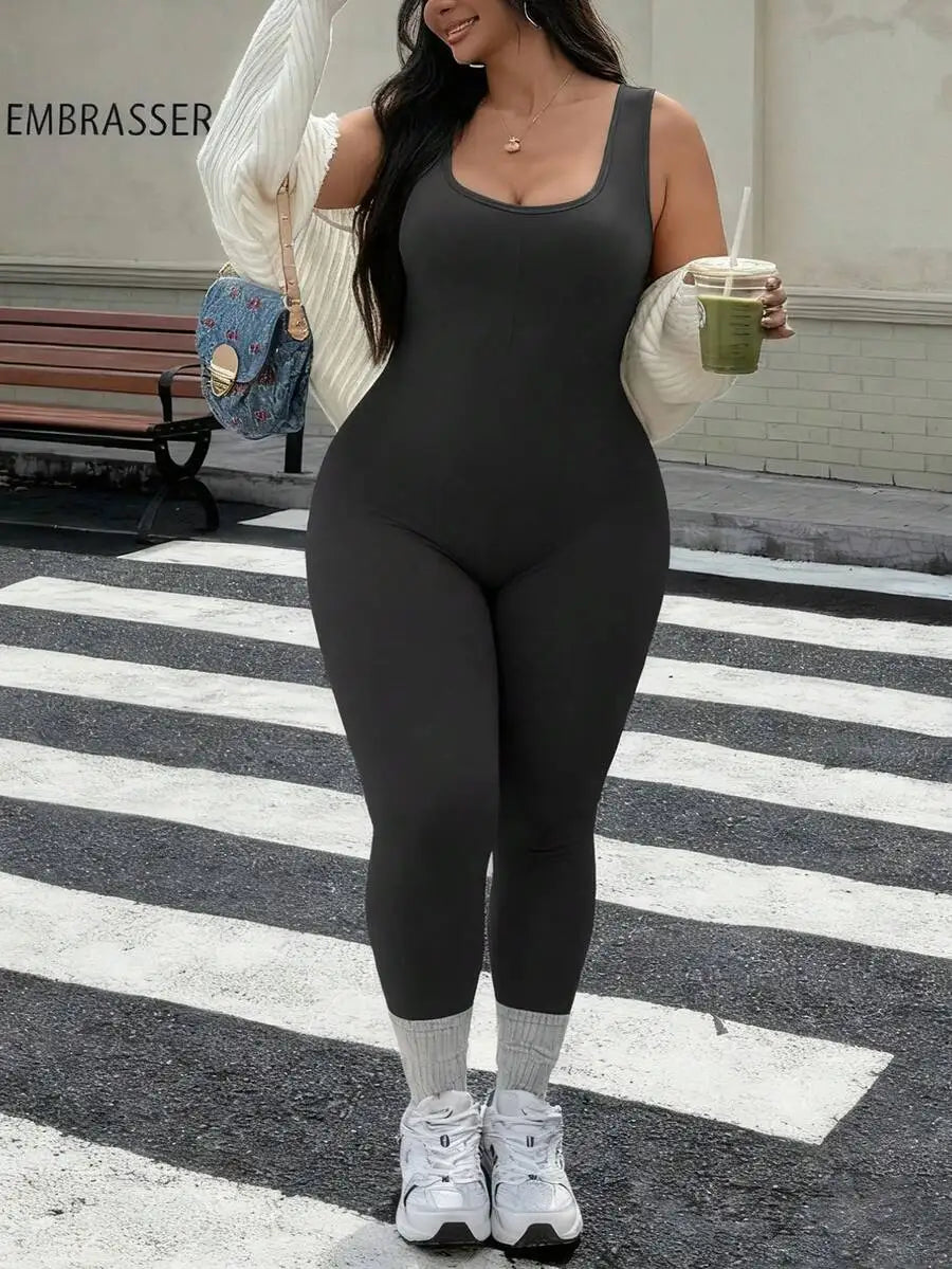 Rhythm Era 1pc Plus Size Black Backless Jumpsuit, Comfortable Stretchy Seamless Knit Yoga & Fitness Activewear