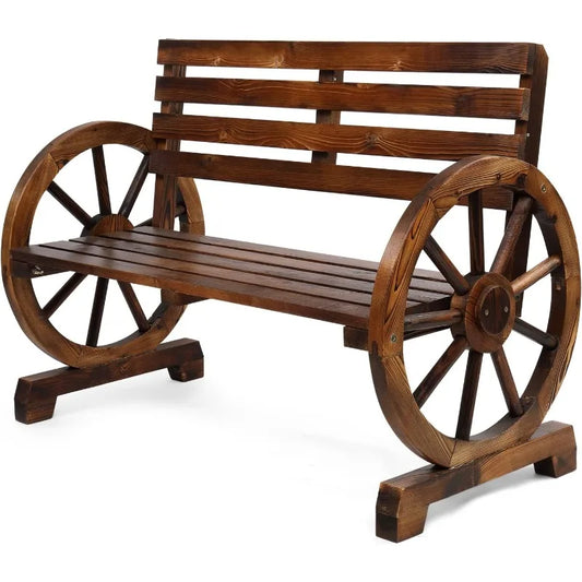 41 Inch Rustic Wooden Wheel Bench Outdoor 2 Person High Capacity
