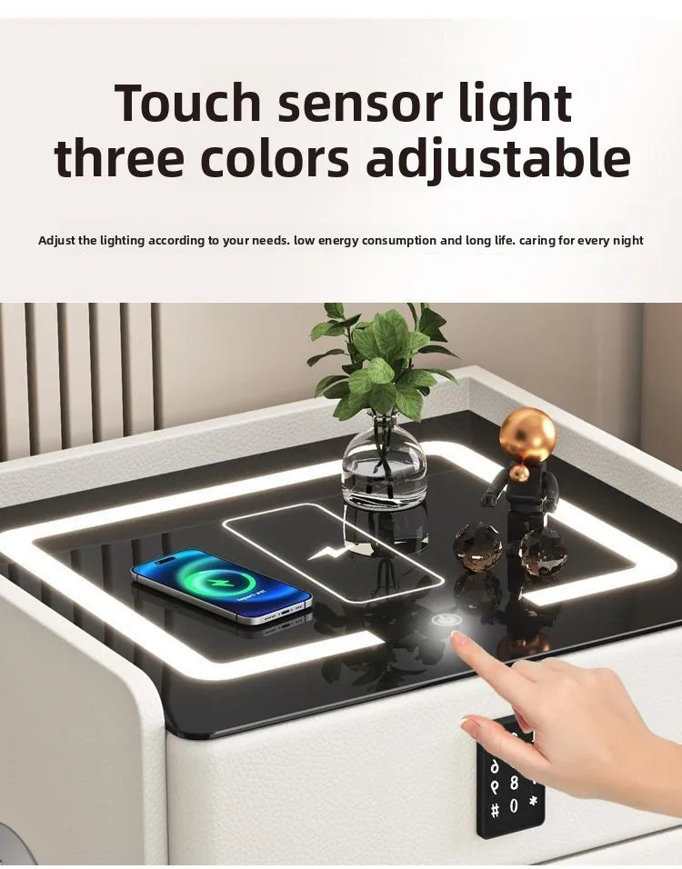 Smart Multifunctional Bedside Table with Wireless ChargerTouch Control 3-Color LEDLightModern Nightstand with Solid Wood
