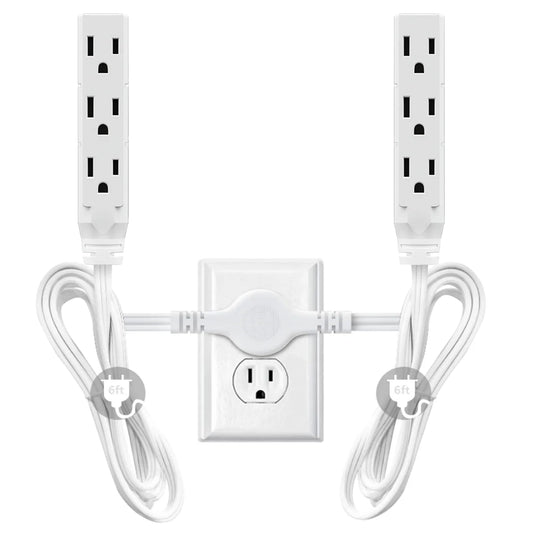 12 FT Twin Extension Cord Power Strip with 6 AC Outlet 3 Prong Plug Extender Double Electric Extension Cable Wire Splitter 16AWG
