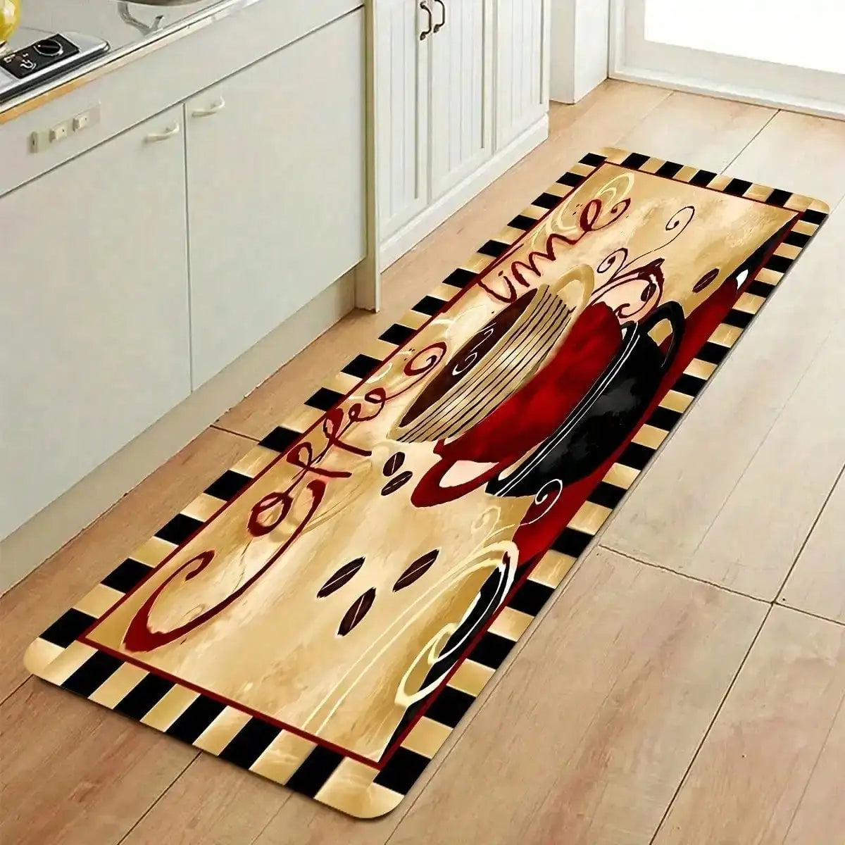 Coffee Time Door Mat - Red Cup Coffee Beans Kitchen Rug, Non-Slip Entrance Mat, Cafe Style Home Decor, Multiple Sizes