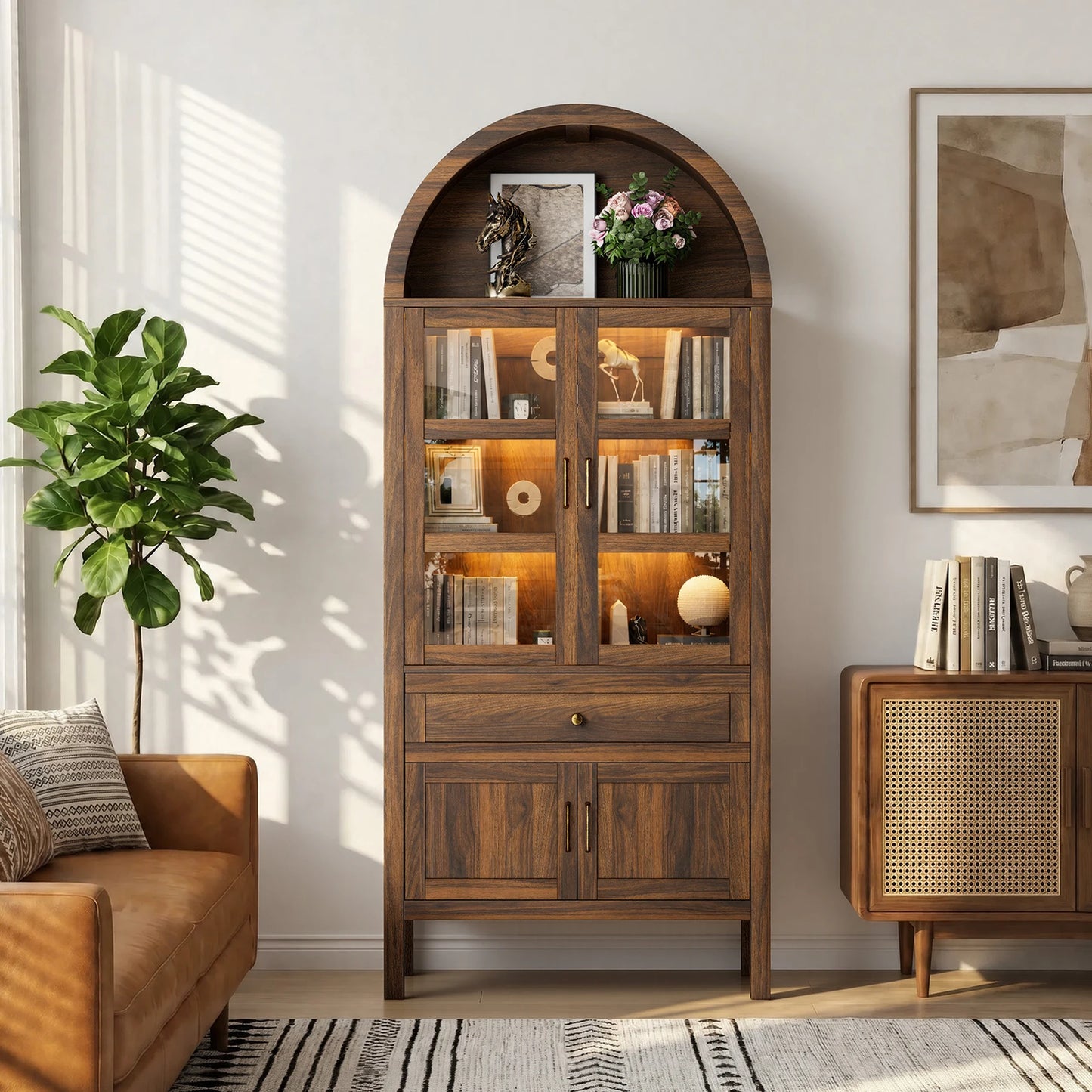 71 Inch Tall Full Wood Arched Storage Cabinet Adjustable Shelves Bookcase with Dimmable LED Lights for Living Room Bedroom
