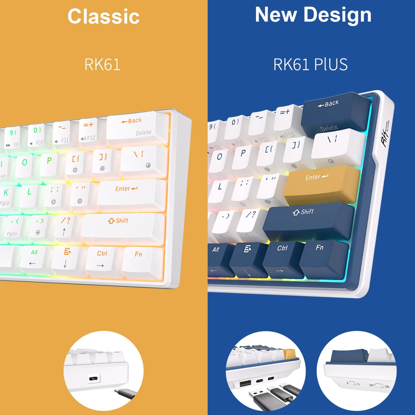 RK61 Plus ROYAL KLUDGE Tri-mode Mechanical Keyboard 2.4G Wireless Bluetooh RGB Backlit Gamer Keyboards 61 Key Mini Hot-swappable