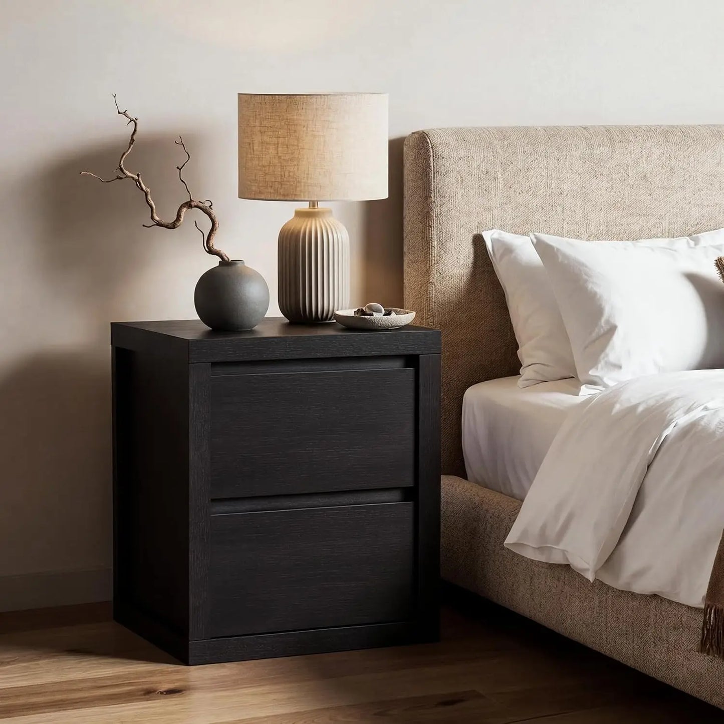 Set of 2 Wooden Nightstands With 2 Handle-Free Storage Drawers, Thickened Bedside End Side Table For Bedroom Black Finish
