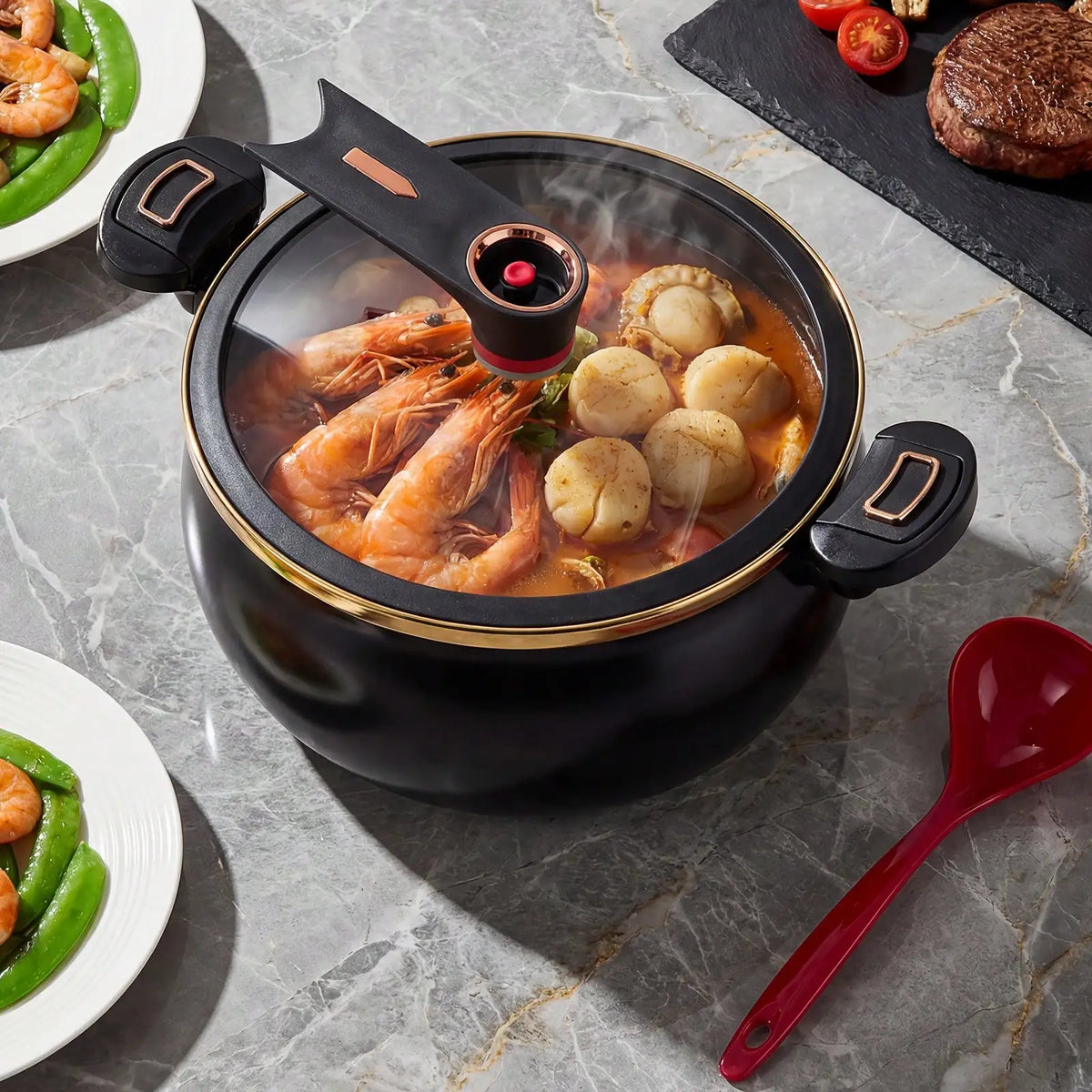 1Pc Large 8.45QT Non-Stick Stew Pot, Twist Lock Handle & Attached Soup Spoon, Fast Heating Cooking Pot, Compatible With Gas/Open Flame/Induction, Home/Hotel/Fast Food Shop, Mother's Day