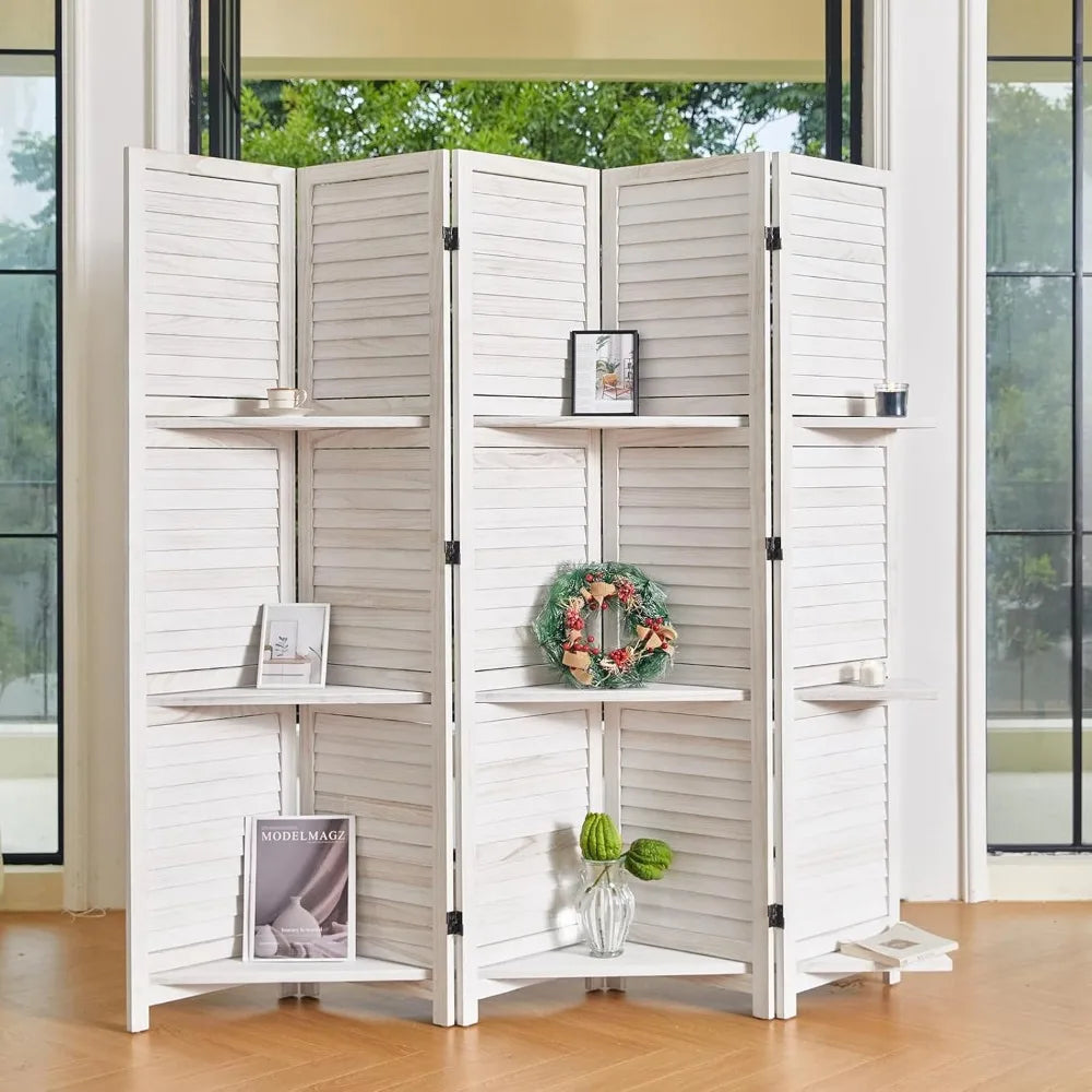Room Divider with Shelves, 5.6 Ft Tall Folding Wood Screen