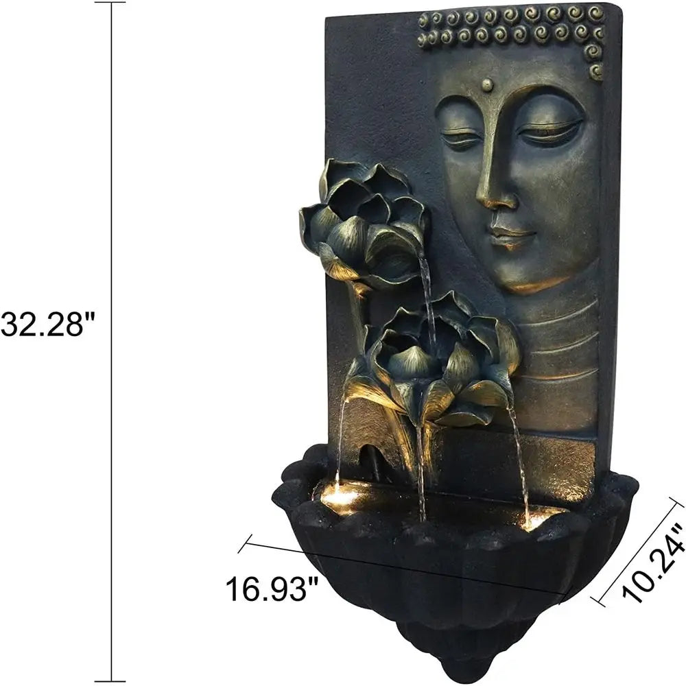 Indoor/Outdoor Wall Fountain with Cascading Lotus Buddha, 32.3'' Tall, Perfect for Home and Garden Decor