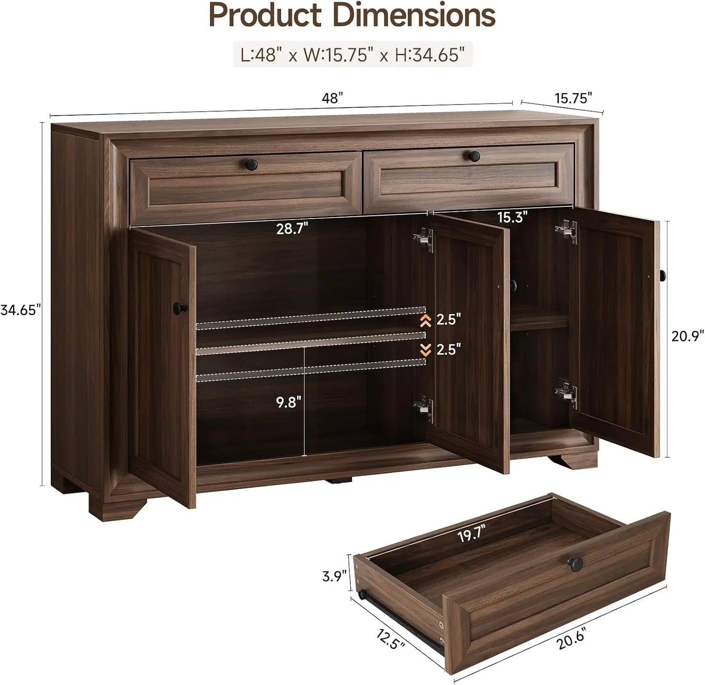 48" Sideboard Storage Cabinet with 2 Drawers + 3 Doors | Wood Coffee Bar Cabinet, Buffet Table Adjustable Shelves Farmhouse Style for Home Kitchen Living Room