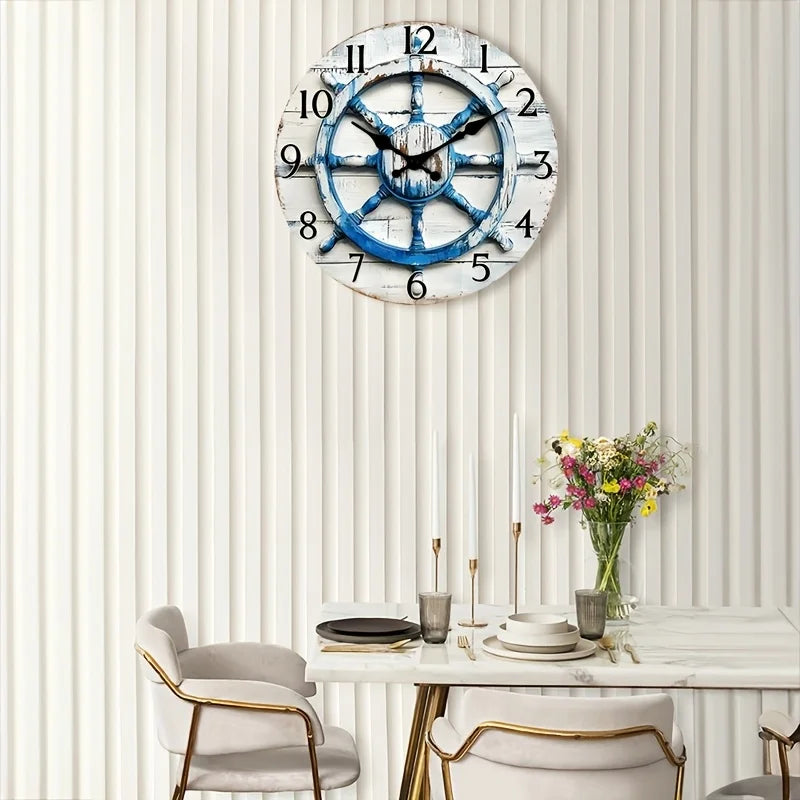 1pc 2D Flat Wall Clock Non-Ticking Wooden, Circular Clock Nautical Wooden Ship Wheel Design for Kitchen, Study Room, Hallway, Li