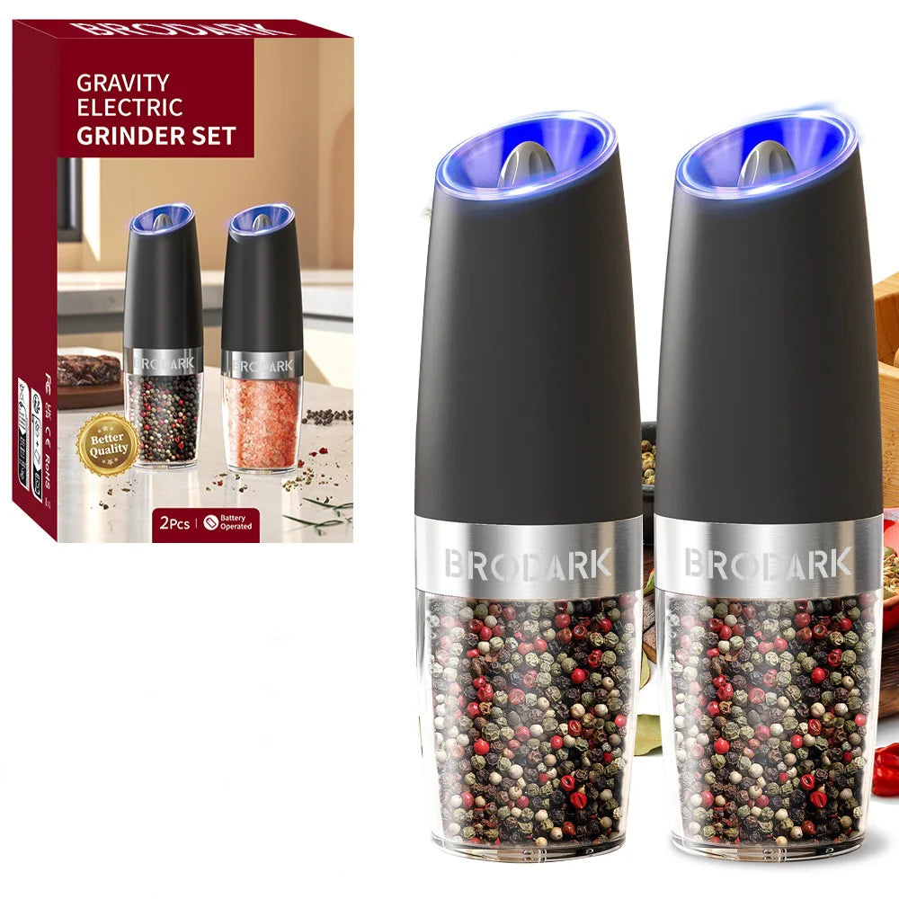 1 or 2 Pieces Gravity Electric Salt and Pepper Grinder Set Battery Powered with LED Light One Hand Automatic Operation