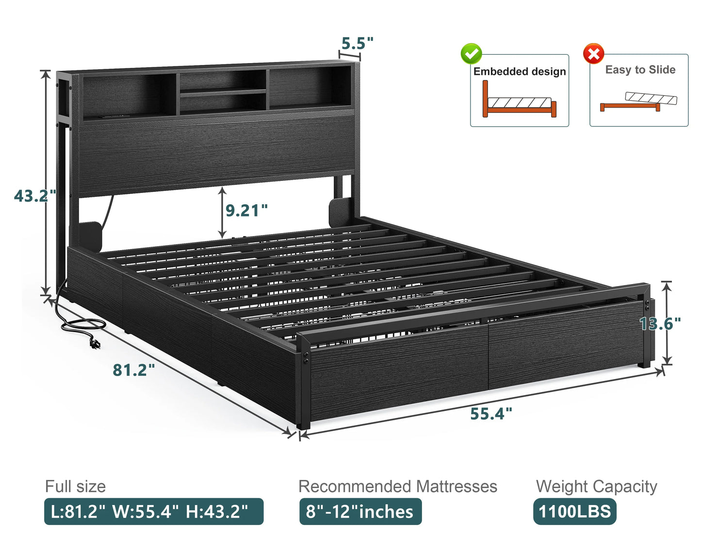 EnHomee Full/Queen/King Bed Frame with 6 Storage Drawers & Charging Station Metal Platform Bed Frame with Bookcase Headboard,No Noise