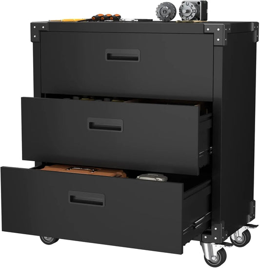 Metal Garage Cabinet with Wheels Mobile Storage Cabinet with Three Drawers for Utility Room Home Office Garage Assembly Required