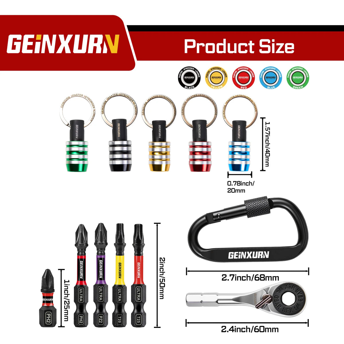Geinxurn Keychain Bit Holder Set, 1/4 Inch Hex Shank One Touch Double Lock Magnetic Aluminum Quick Change Mini Bit Extension Rod