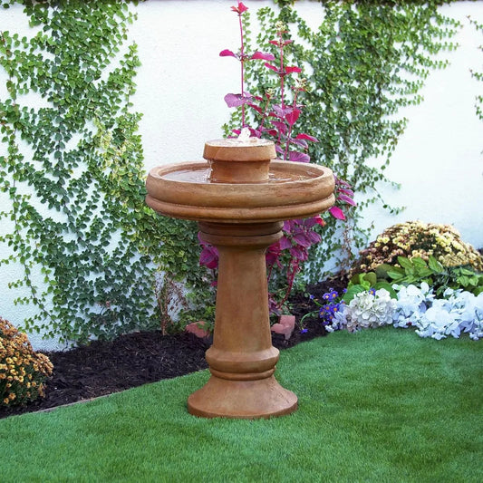 Outdoor Floor Vintage Pedestal Water Fountain with Bird Bath and LED Lights, 29, Brown