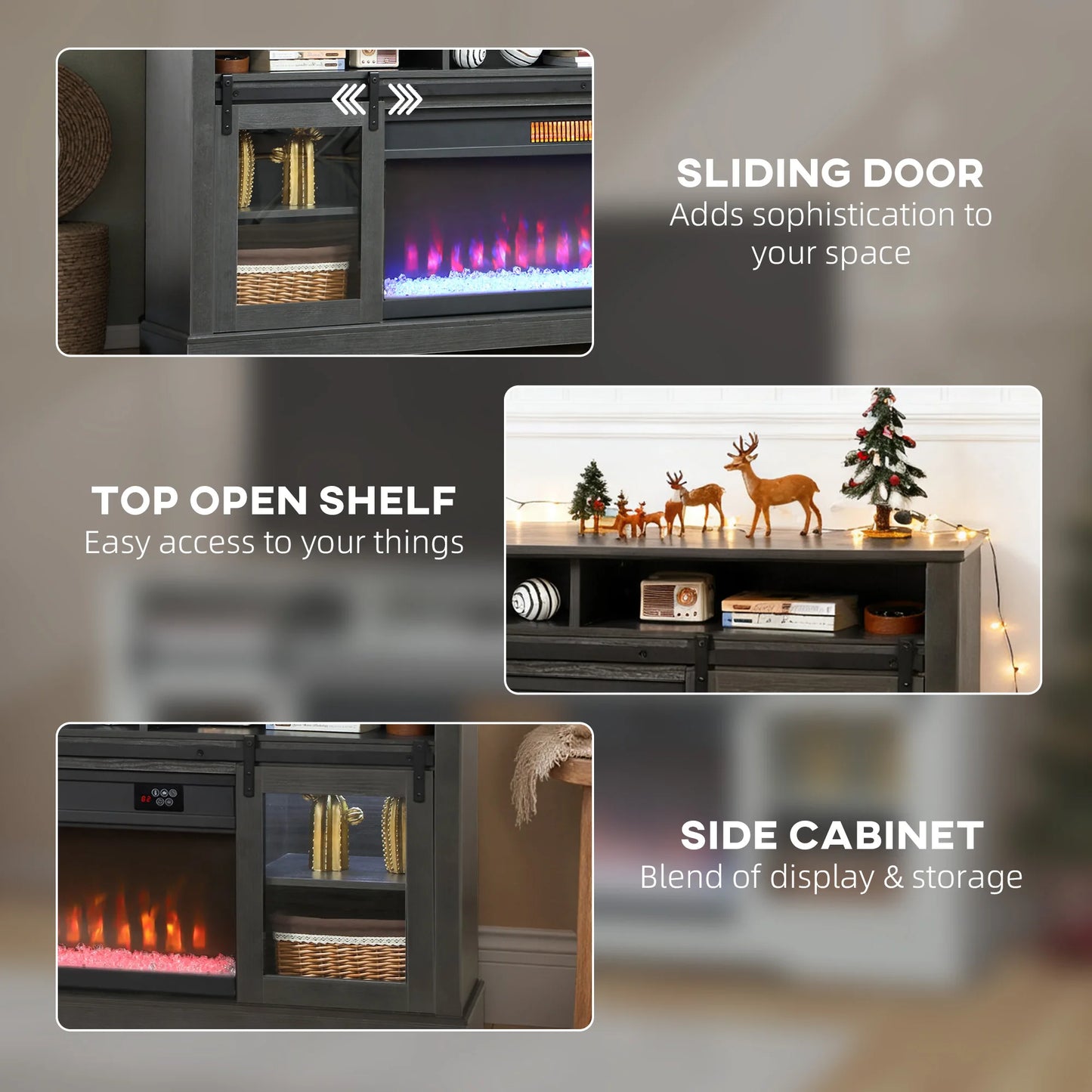 Fireplace TV Stand for TVs Up to 80 Inches, Modern Entertainment Center with 36" Glass Electric Fireplace & LED Lights, TV Console with Open Storage and Side Cabinets for Living Room, Black