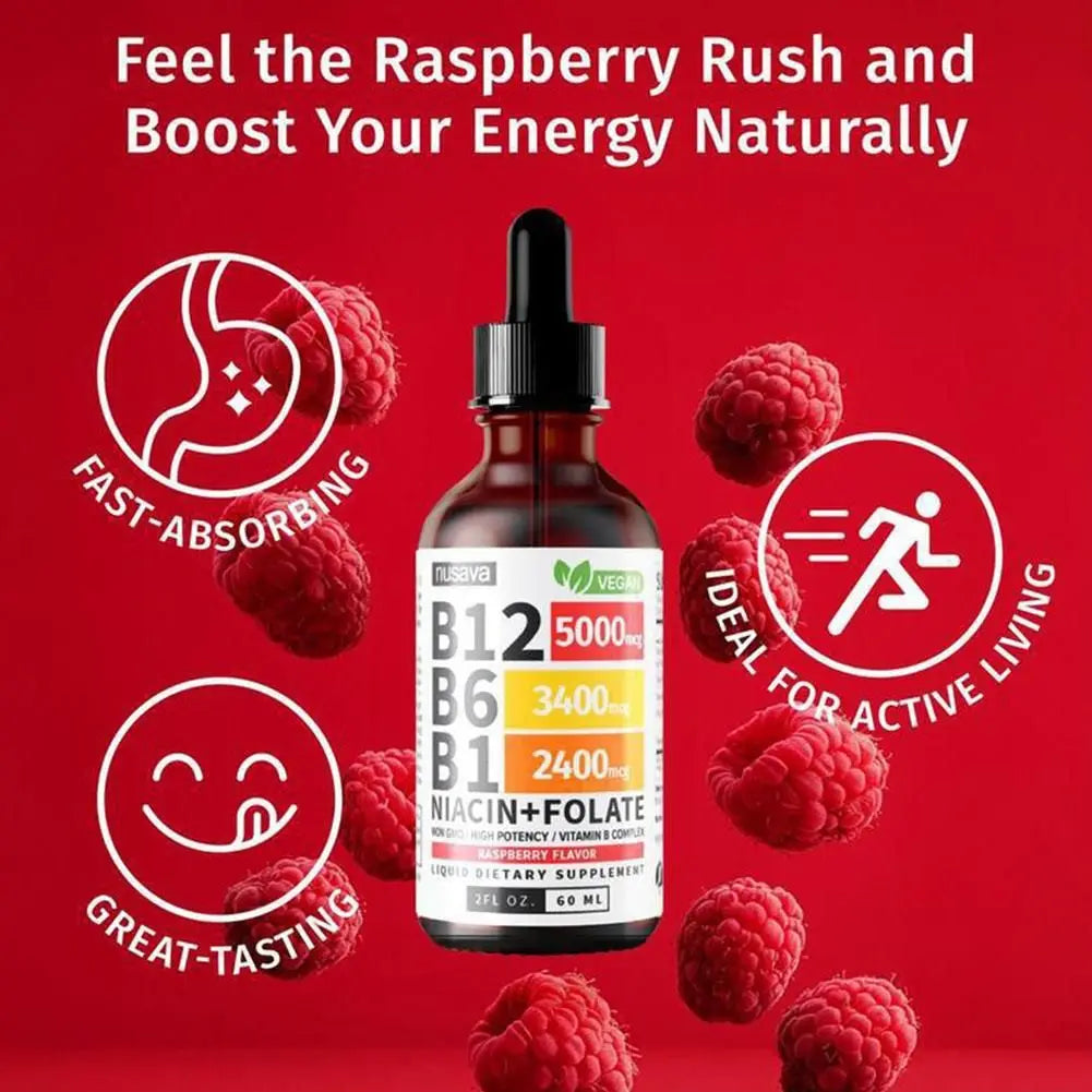 Vitamin B1 B6 B12 Multiple Vitamin B Complex Liquid Drops Raspberry Flavor Vegan Non-GMO Supplement 60ml Per Bottle Daily Supply