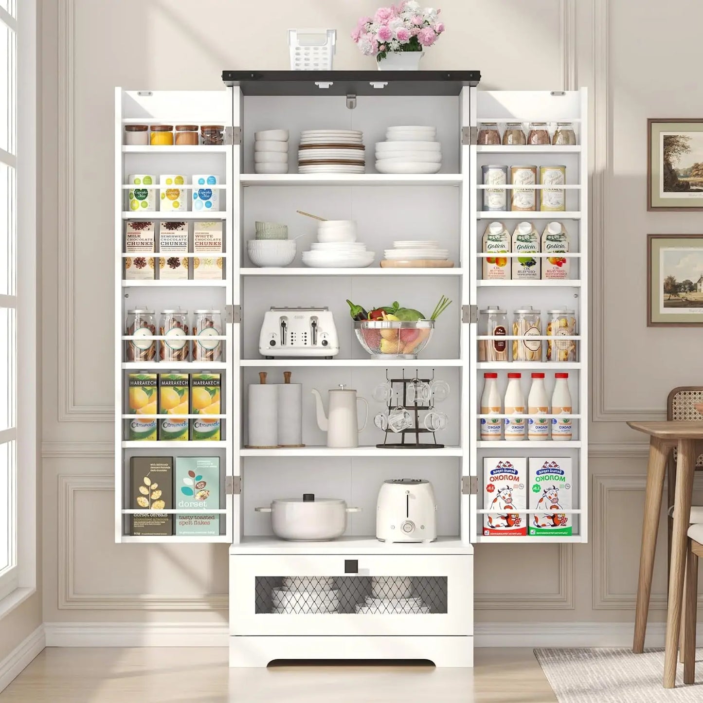 Pantry Cabinet With Adjustable Shelves And Drawer For Kitchen