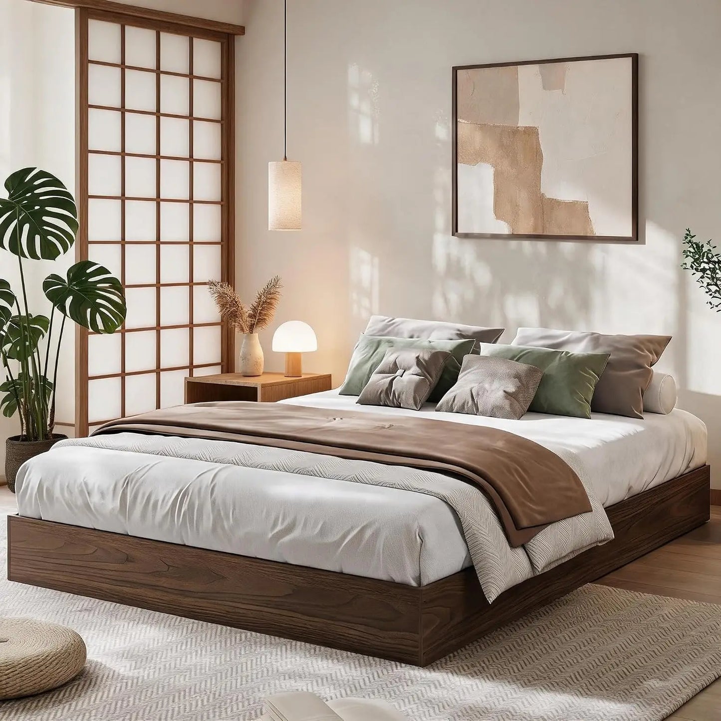 Garvee Living Room Bed Frame Easy Sturdy Assembly Bedroom Frames with Low Profile Design Eco-Friendly Bed Wood Slats Support Home Furniture Without Headboard