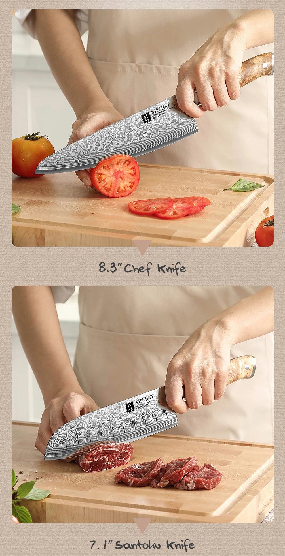 XINZUO 1-3PCS Damascus Steel Knife Set Chef Santoku Utility Knives 67 Layers Super Steel Figured Sycamore Brass Rivets 60HRC