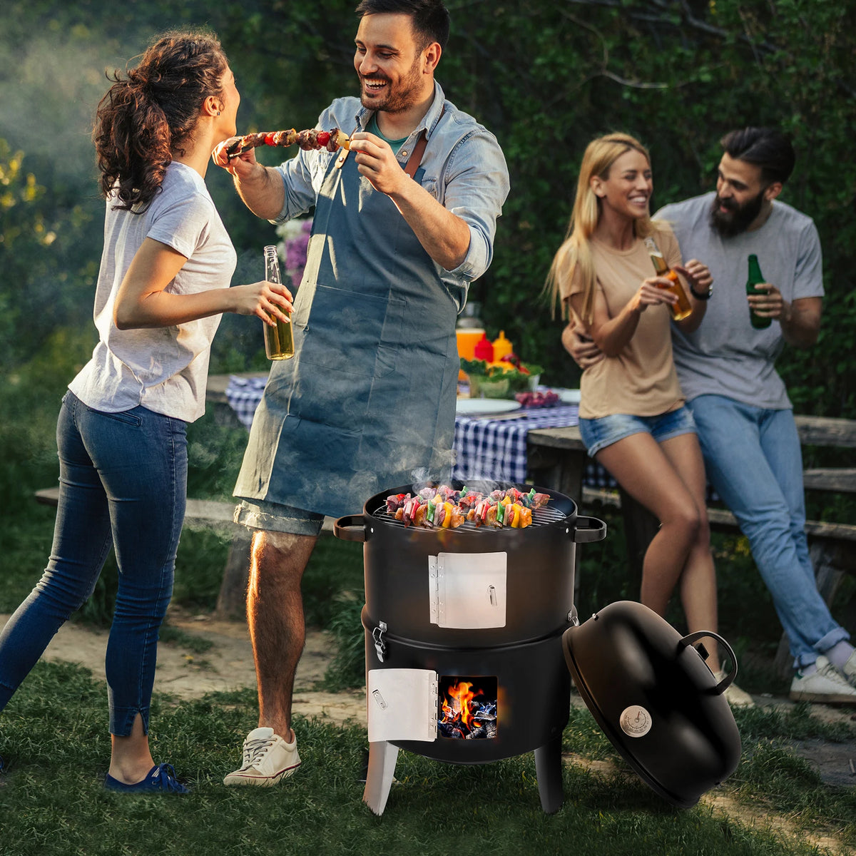 Vertical Steel Charcoal Smoker Heavy Duty Double Layer Round BBQ Grill for Outdoor Cooking Black with Thermometer Chrome Grates