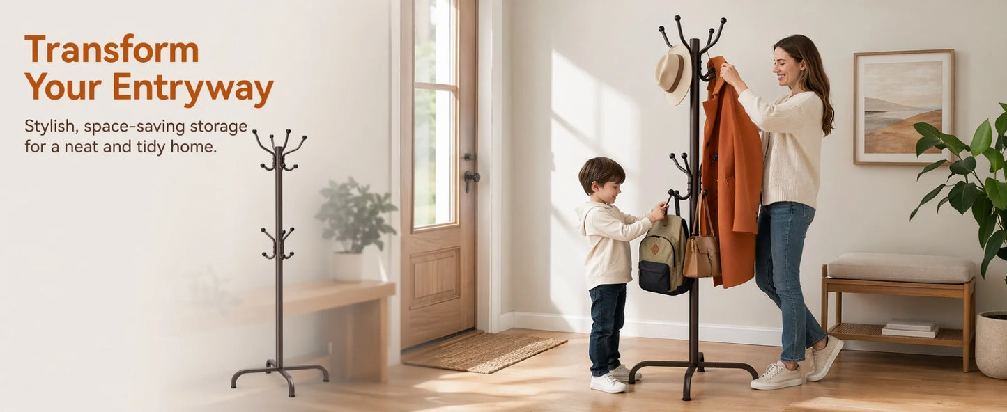 1/2Pcs Coat Rack with 14 Hooks, Freestanding Coat Rack Stand for Entryway, Hallway, Bedroom, and Office, Metal Coat Tree & Hat Rack for Coats, Hats, and Bags