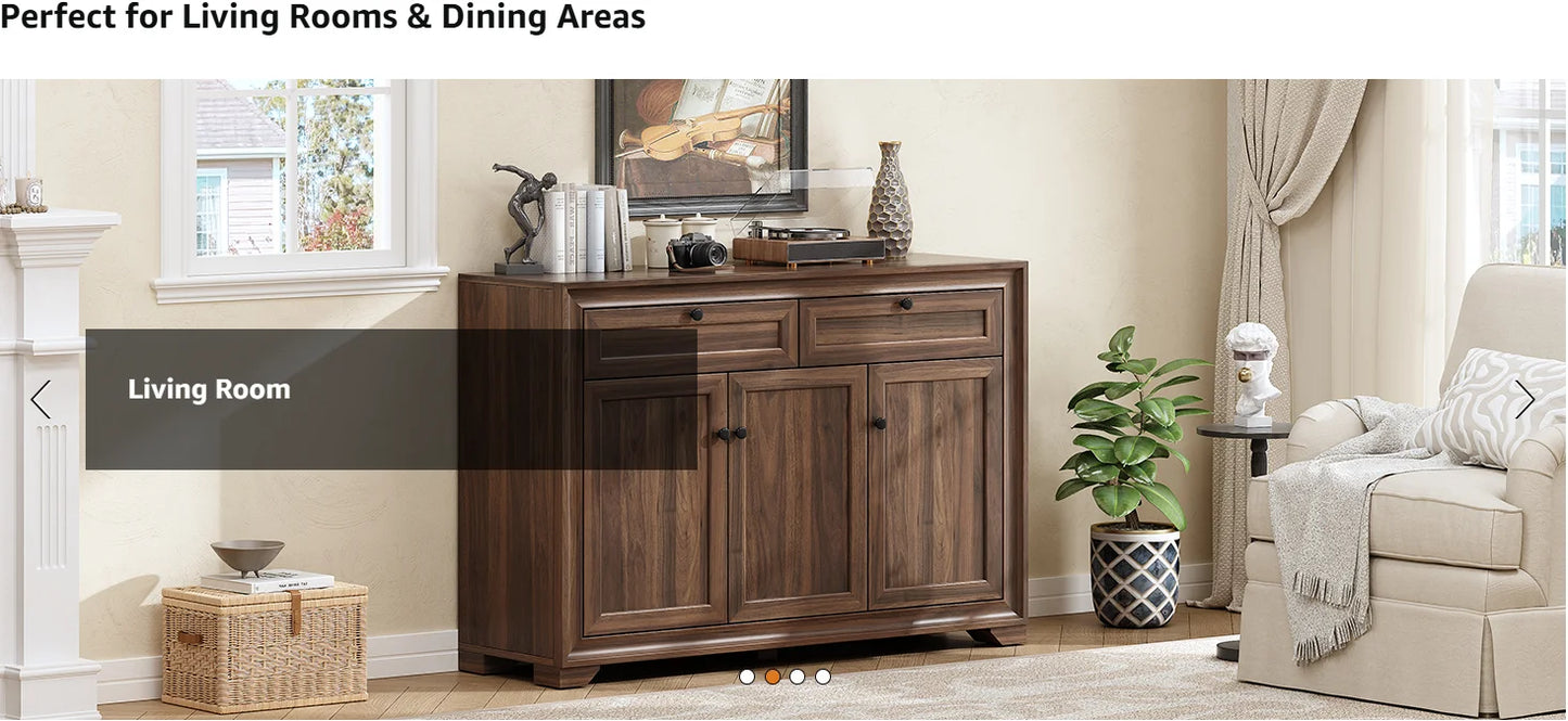 48" Sideboard Storage Cabinet with 2 Drawers + 3 Doors | Wood Coffee Bar Cabinet, Buffet Table Adjustable Shelves Farmhouse Style for Home Kitchen Living Room