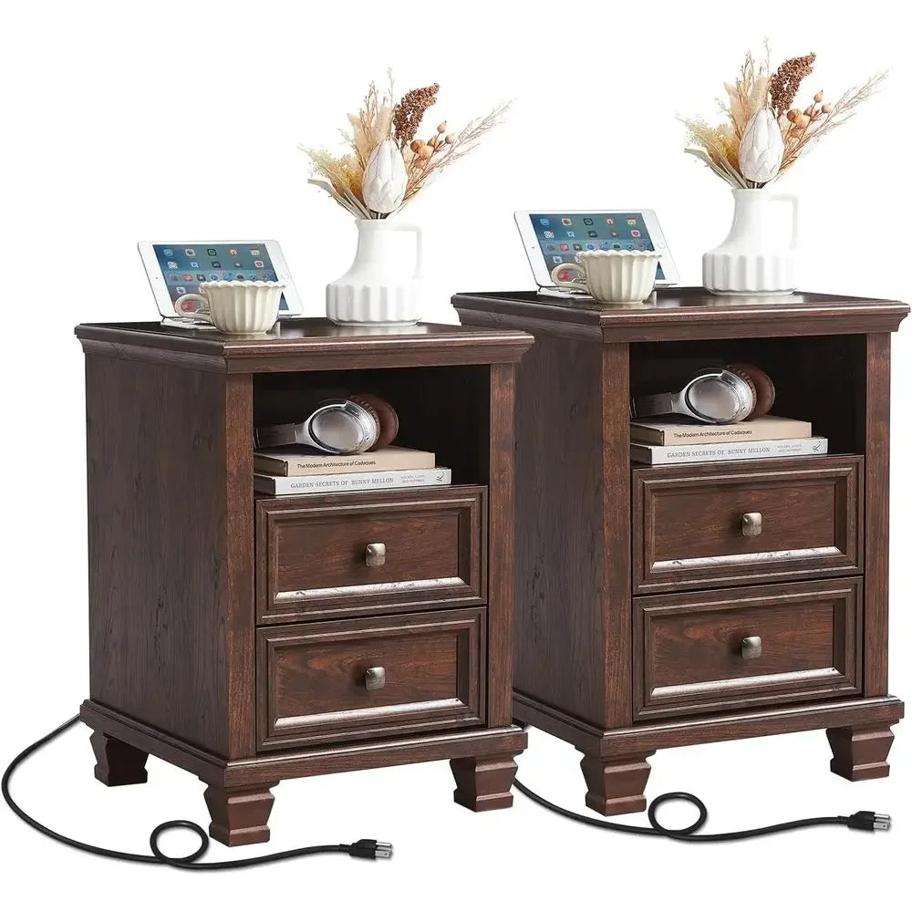 armhouse Nightstand Set o 2 with Charging Station, Rustic Brown Nightstand, 2 Ders End Table, Bede Table with Open Shel or Bedro