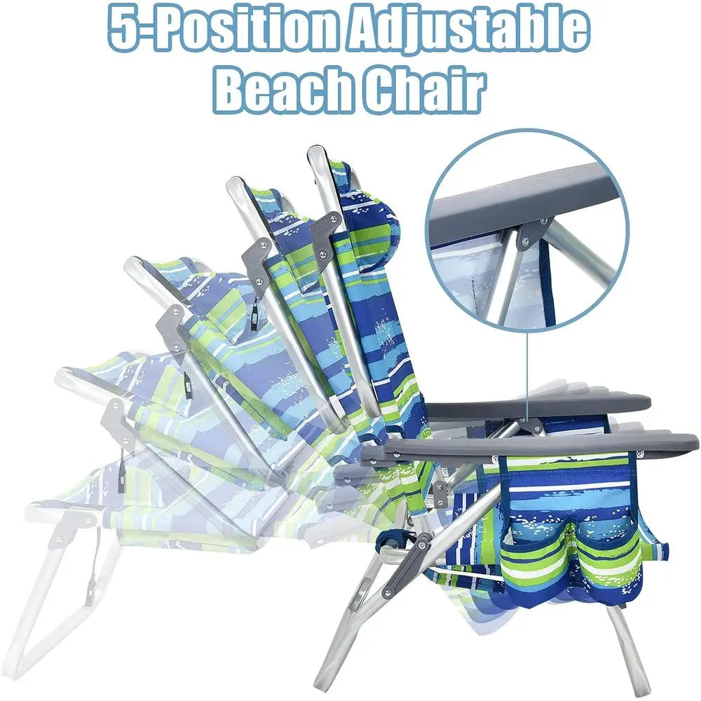 Adjustable Position Beach Chair with Pillow, Storage, Towel Bar, Cup Holders, and Backpack for Outdoor Camping