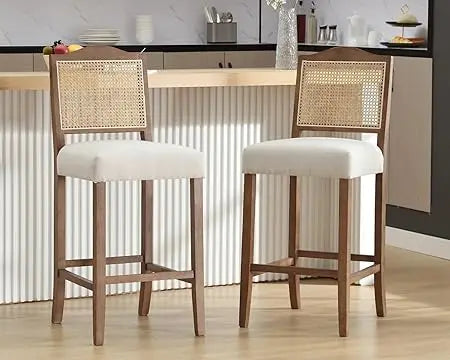 Rattan Farmhouse Bar Stools Set Of Two Upholstered
