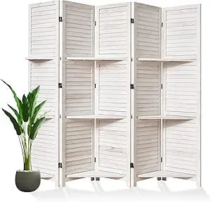 Room Divider with Shelves, 5.6 Ft Tall Folding Wood Screen
