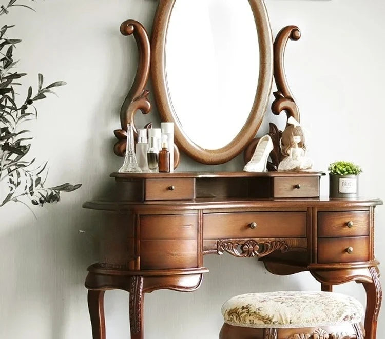 -European Solid Wood Mirror Table Bedroom Dresser Amercia Princess Furniture Dark Villa Luxury Carved Makeup Table Dressing Tabl
