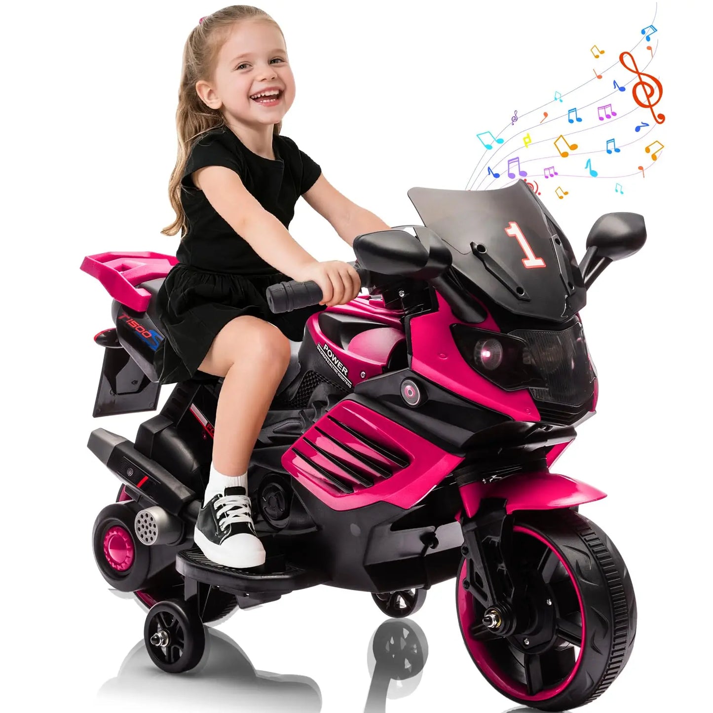 6V Kids Ride On Motorcycle Electric Toddler Motorbike With Training Wheels, EVA Tread Tires, Headlight, Horn, Music, 2 MPH Ride Toy