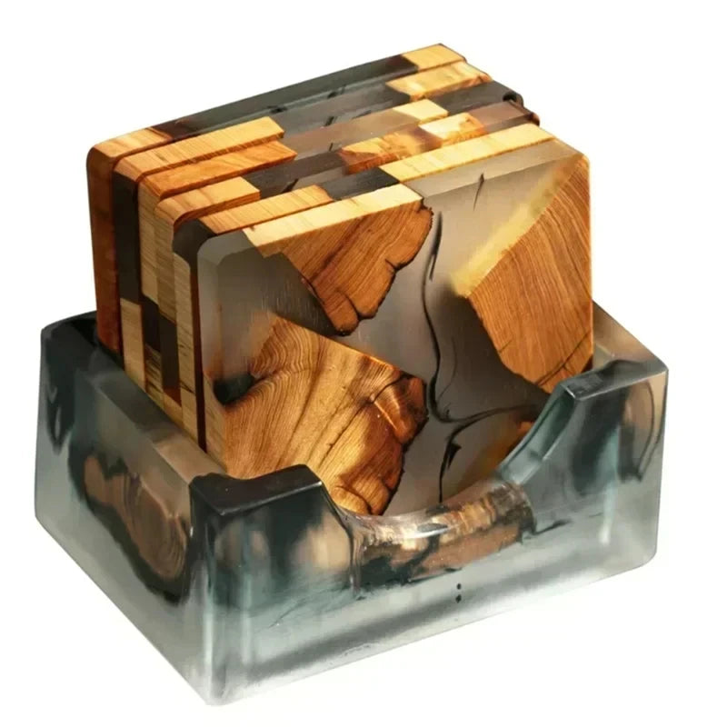 Wood Coasters Set With Epoxy Resin - Modern Coasters With Holder For Drinks, Includes 6 Coasters And Holder