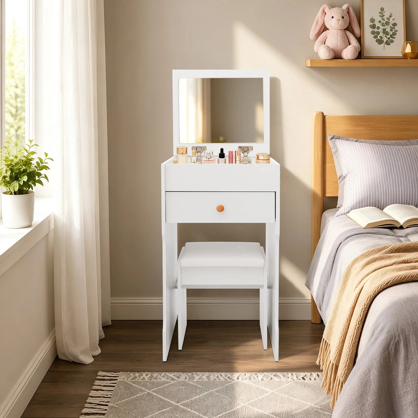 Vanity Dressing Table with Mirror and Stool 15.8" White Compact Storage Desk for Bedroom Dormitory Studio Apartment
