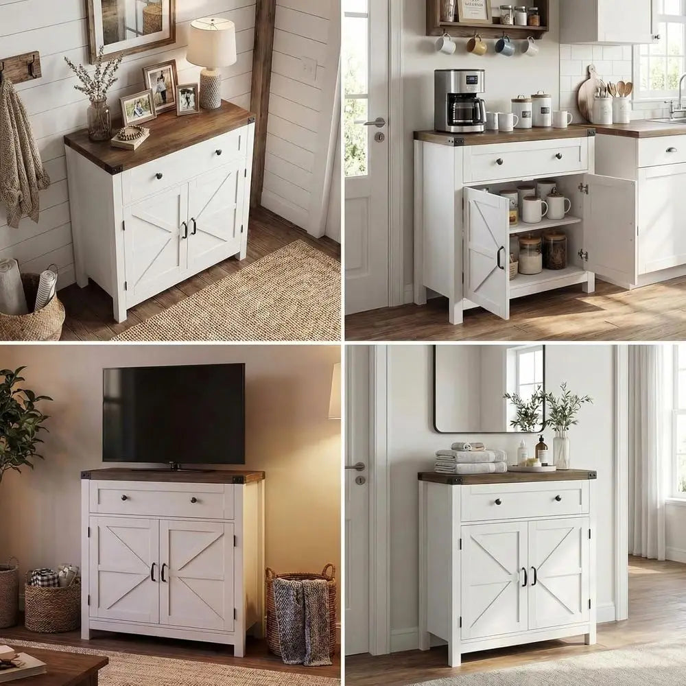 White Barn Door Accent Cabinet for Kitchen, Dining, and Entryway Storage with Drawer and Adjustable Shelves