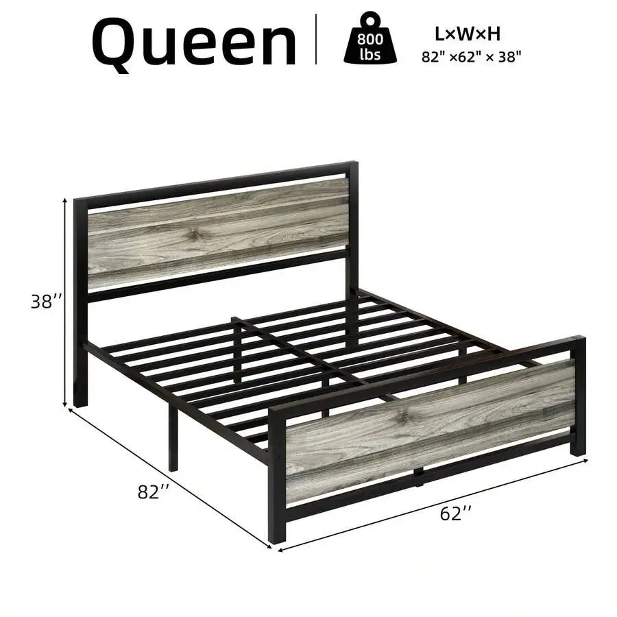 Bed Frame With Headboard, Farmhouse Bed Frame With Wooden Headboard, Heavy Duty Metal Bed Frame, No Box Spring Needed, Noise-Free, Esay Assembly, Bedroom Furniture,Twin/ Full/ Queen, Black/ Gray/ White/ Brown