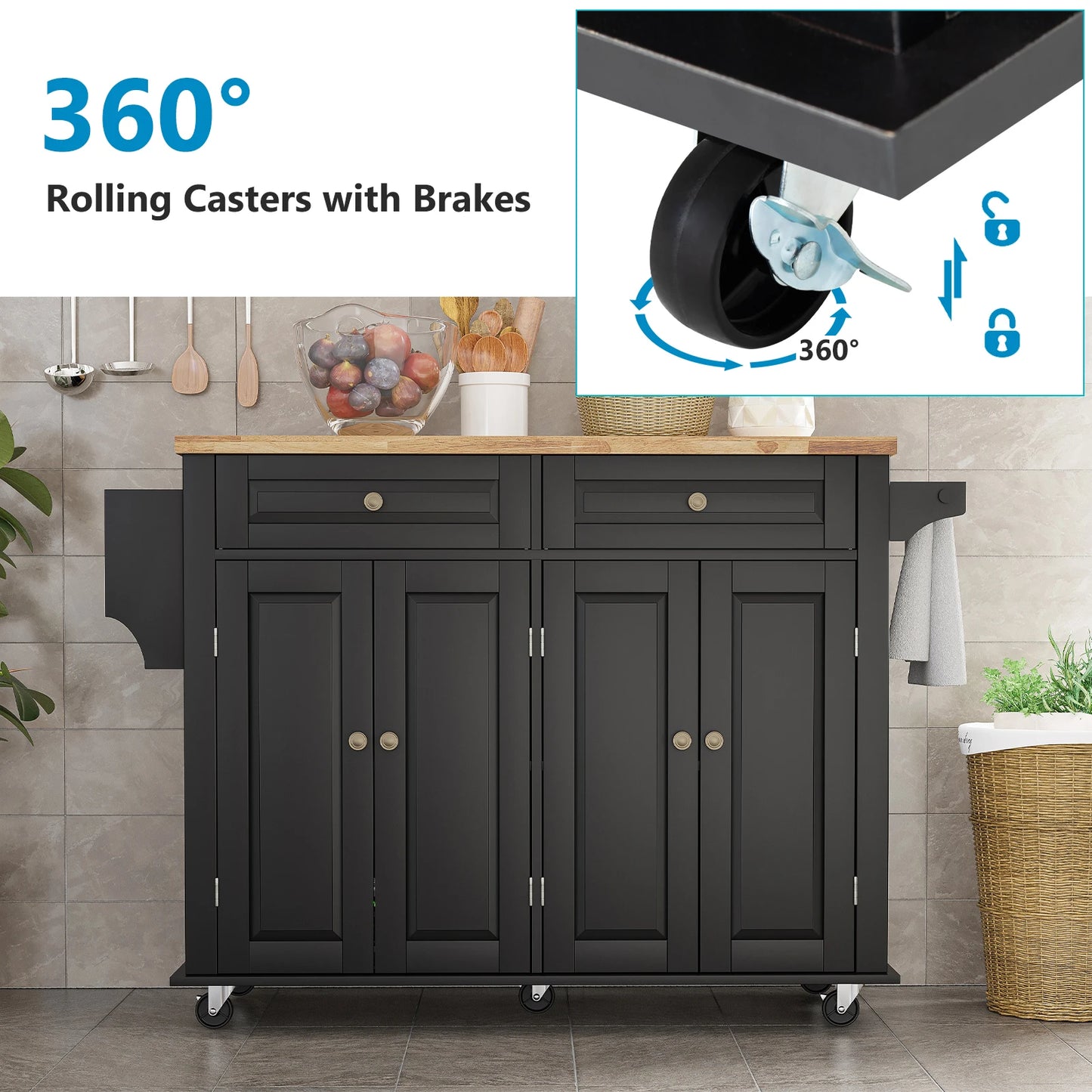 Rolling Kitchen Cart with Drop Leaf Mobile Island Table