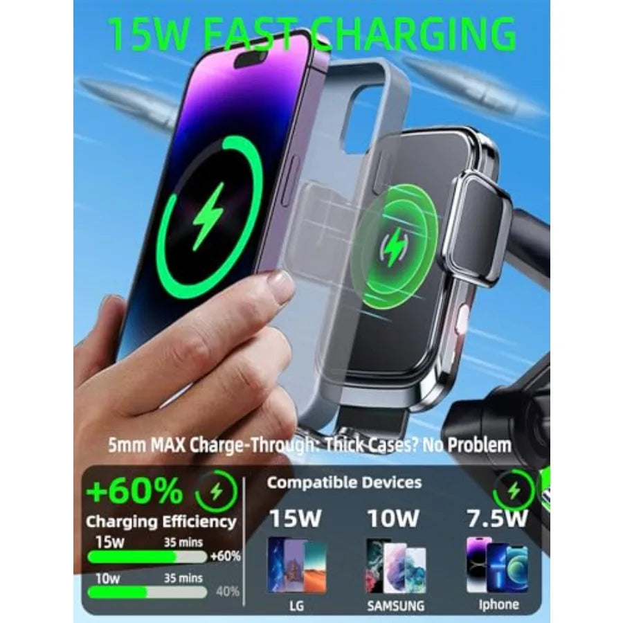 Truck Phone Holder Wireless Car Charger Mount, 15W Fast Charging Vacuum Phone Holder 14 Inch Long Arm Heavy Duty Pickup Windshi